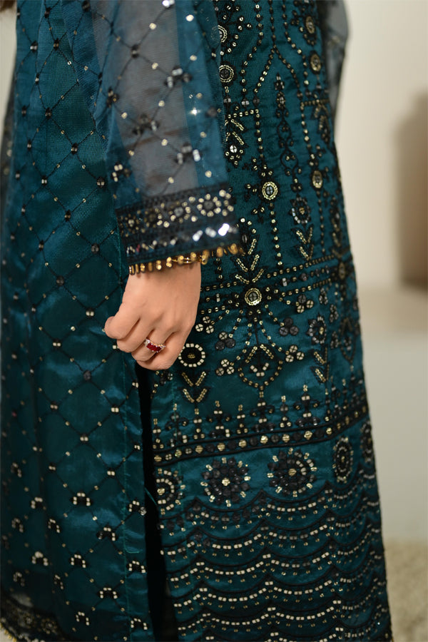Intricately Embroidered Khaddi Net 3 Piece Ready to Wear D-15-CGRN