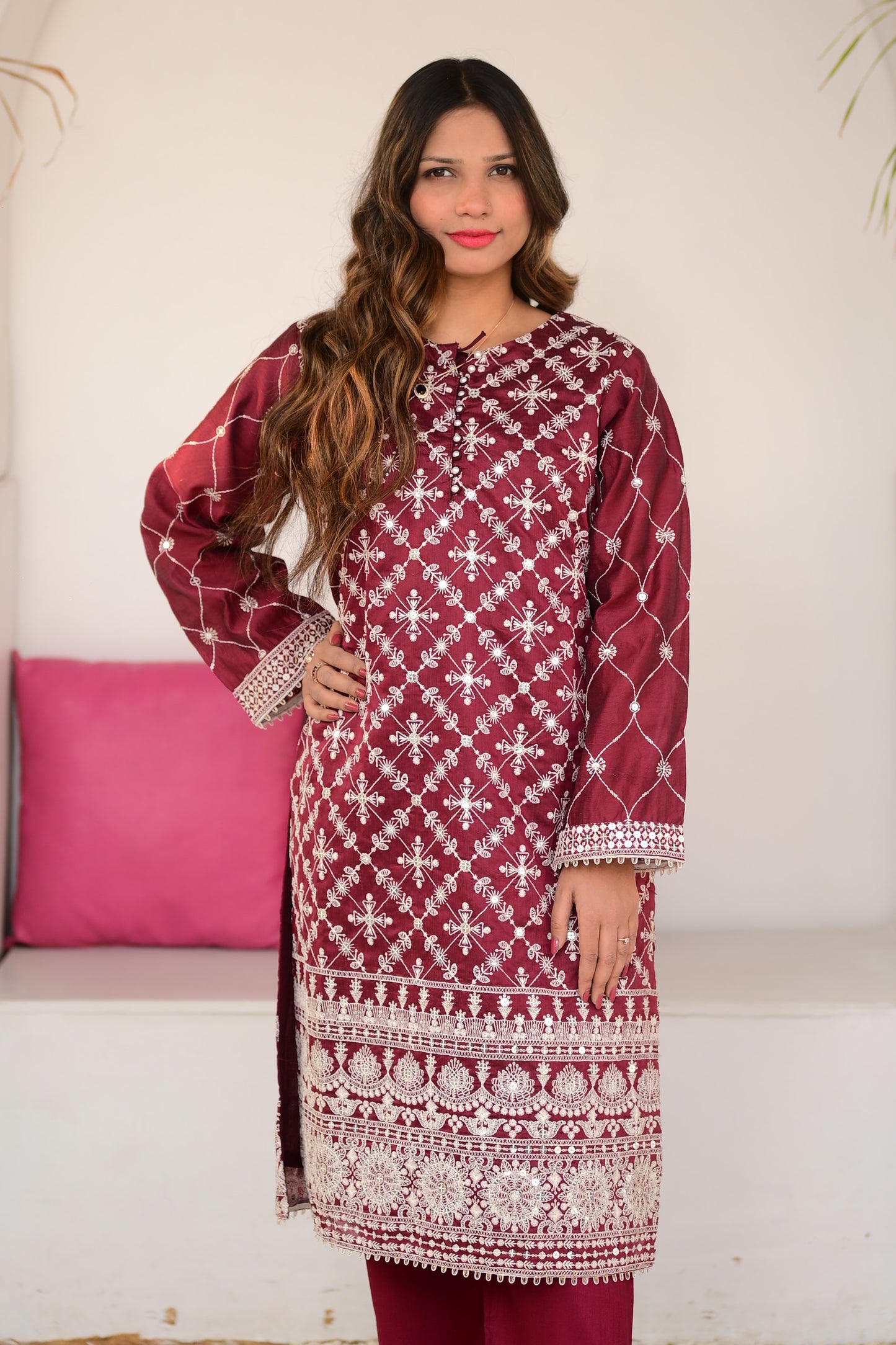 Intricately Embroidered Paper Cotton 3 Piece Ready to Wear PC-01-MRN