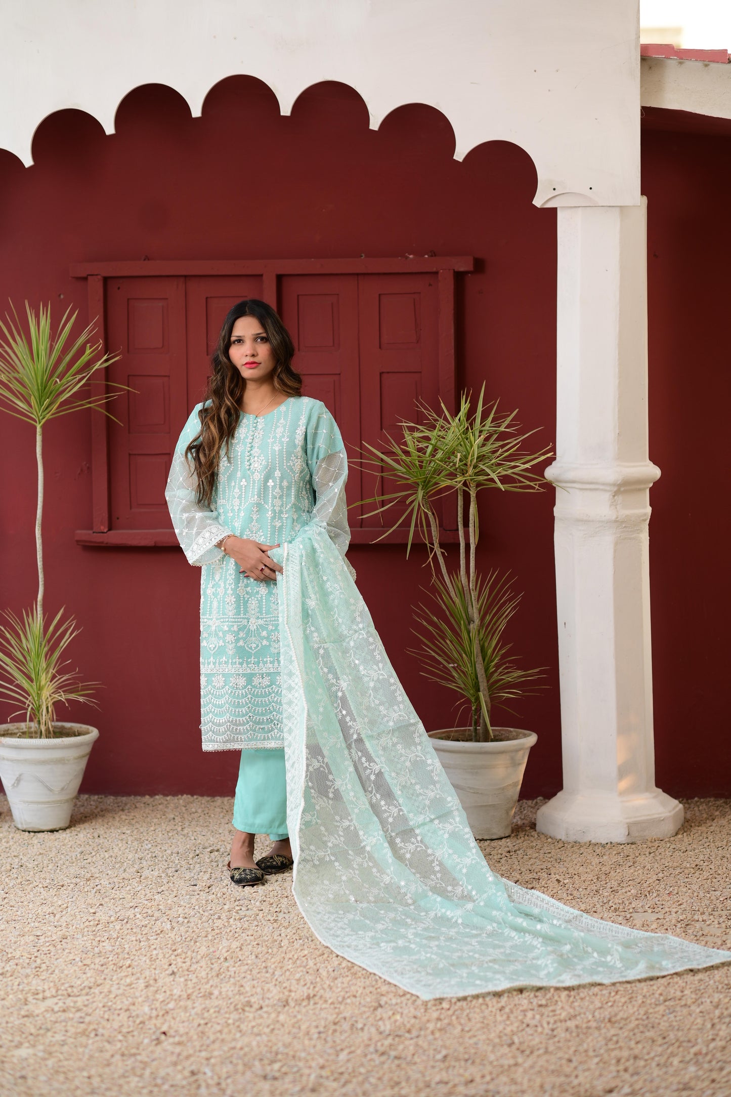 Intricately Embroidered Khaddi Net 3 Piece Ready to Wear L-15-AQU