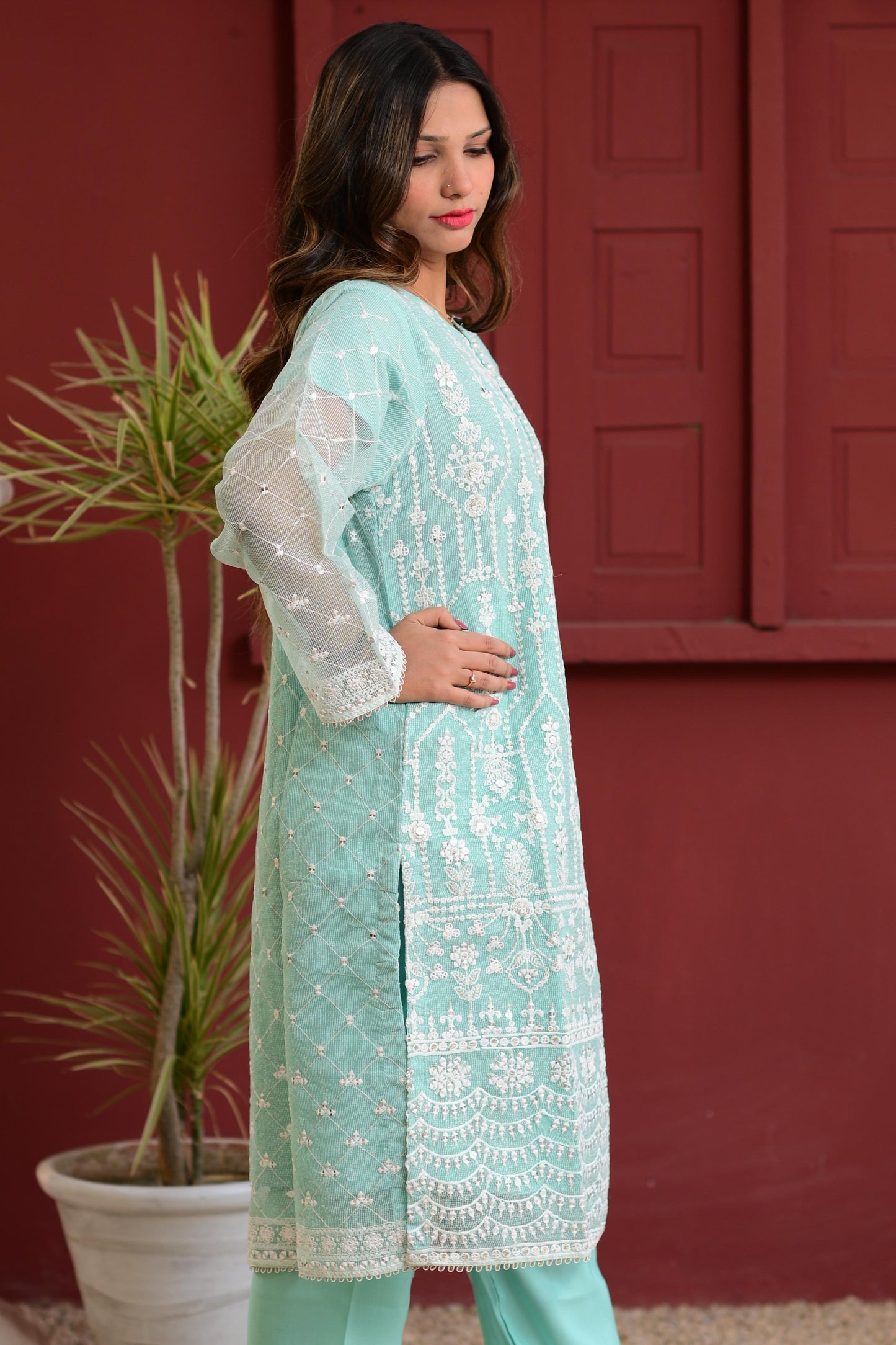 Intricately Embroidered Khaddi Net 3 Piece Ready to Wear L-15-AQU