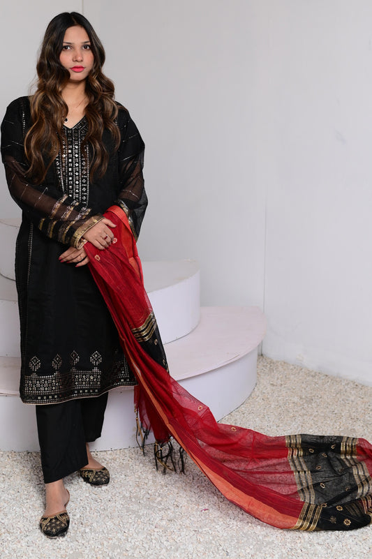 Cotton Khaddi Net Heavy Embroidered 3 Piece Ready to Wear CKR-01-BLK