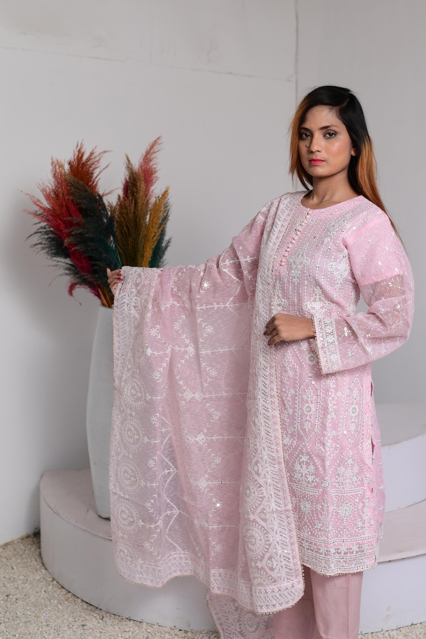 Intricately Embroidered Khaddi Net 3 Piece Ready to Wear L-14-PNK