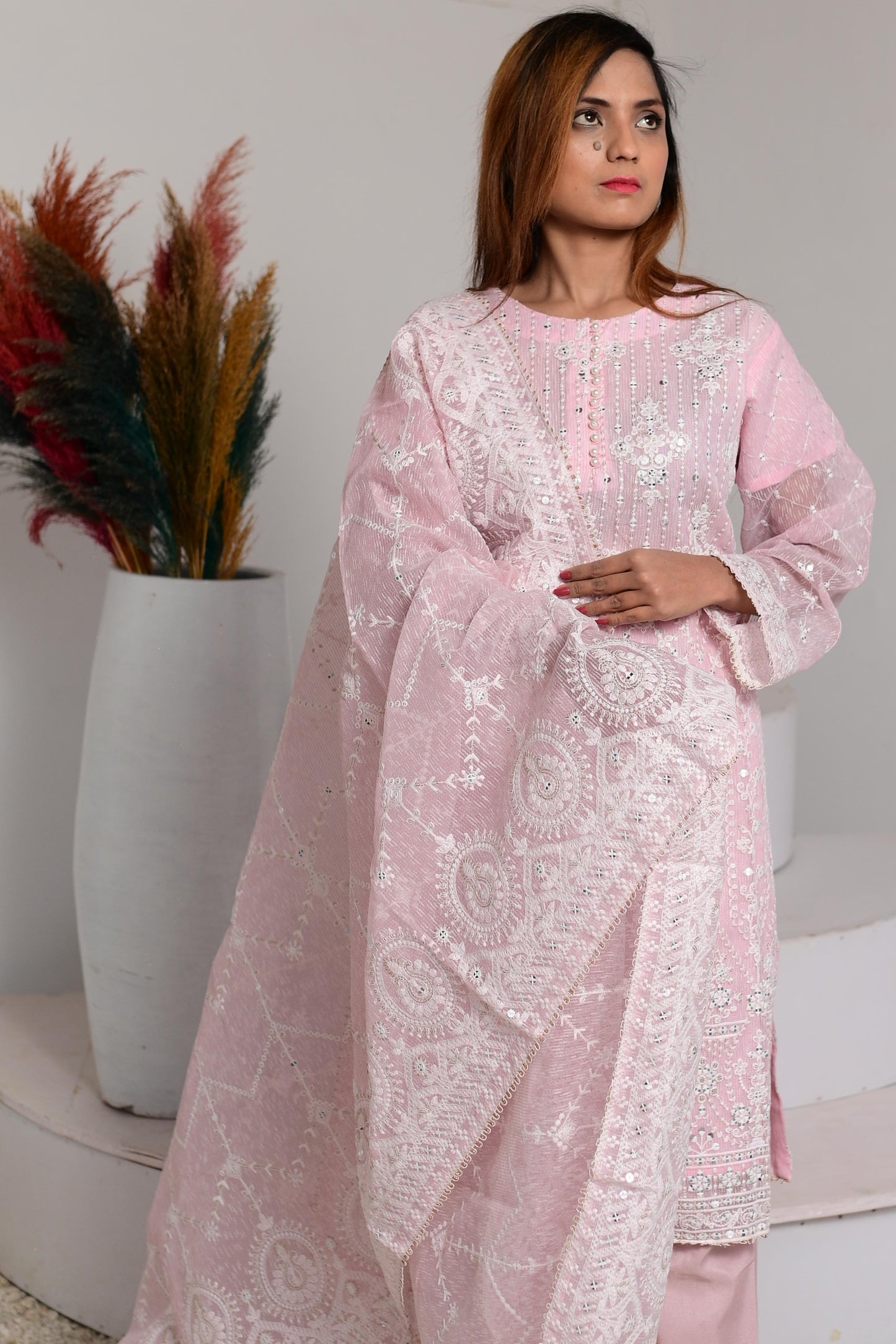 Intricately Embroidered Khaddi Net 3 Piece Ready to Wear L-14-PNK