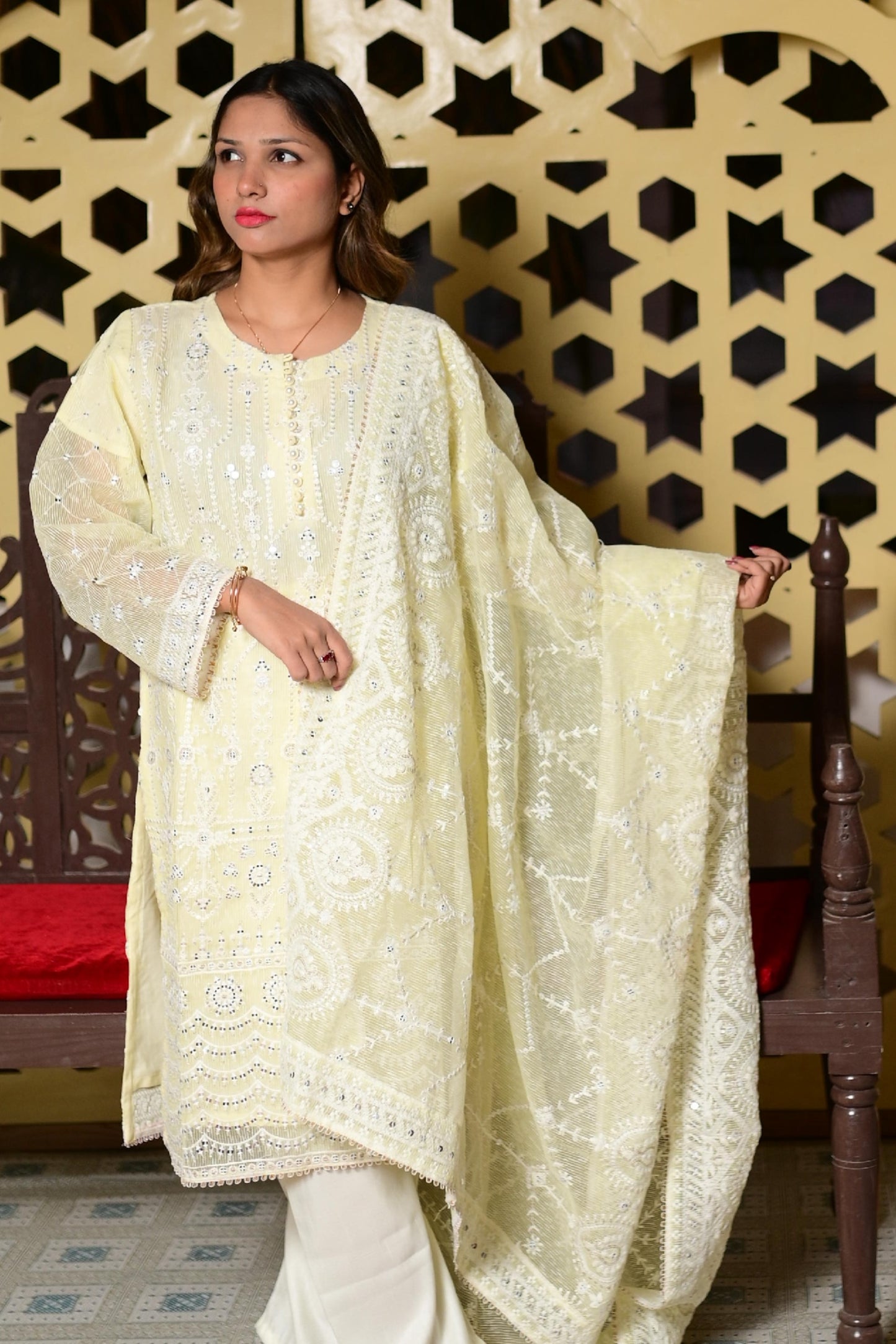 Intricately Embroidered Khaddi Net 3 Piece Ready to Wear L-15-LMN