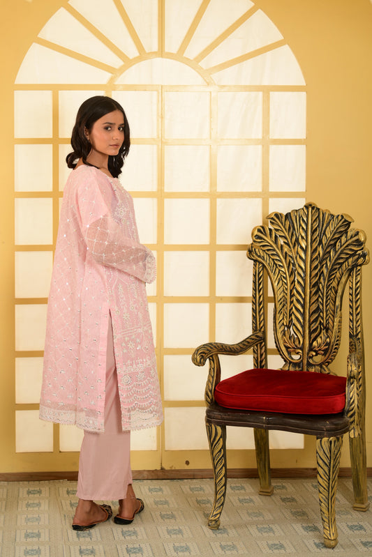 Intricately Embroidered Khaddi Net 3 Piece Ready to Wear L-15-PNK