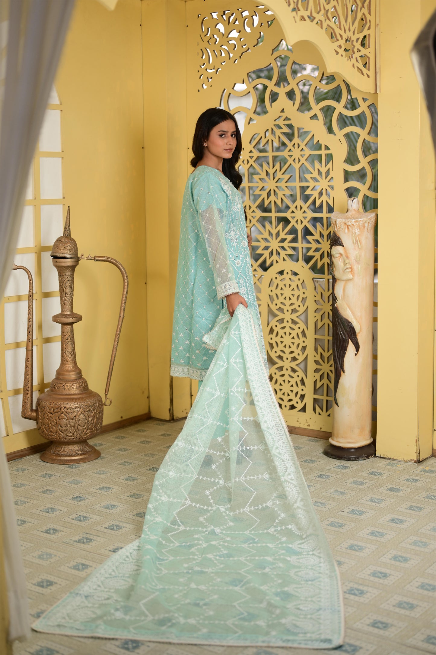 Intricately Embroidered Khaddi Net 3 Piece Ready to Wear L-14-AQU