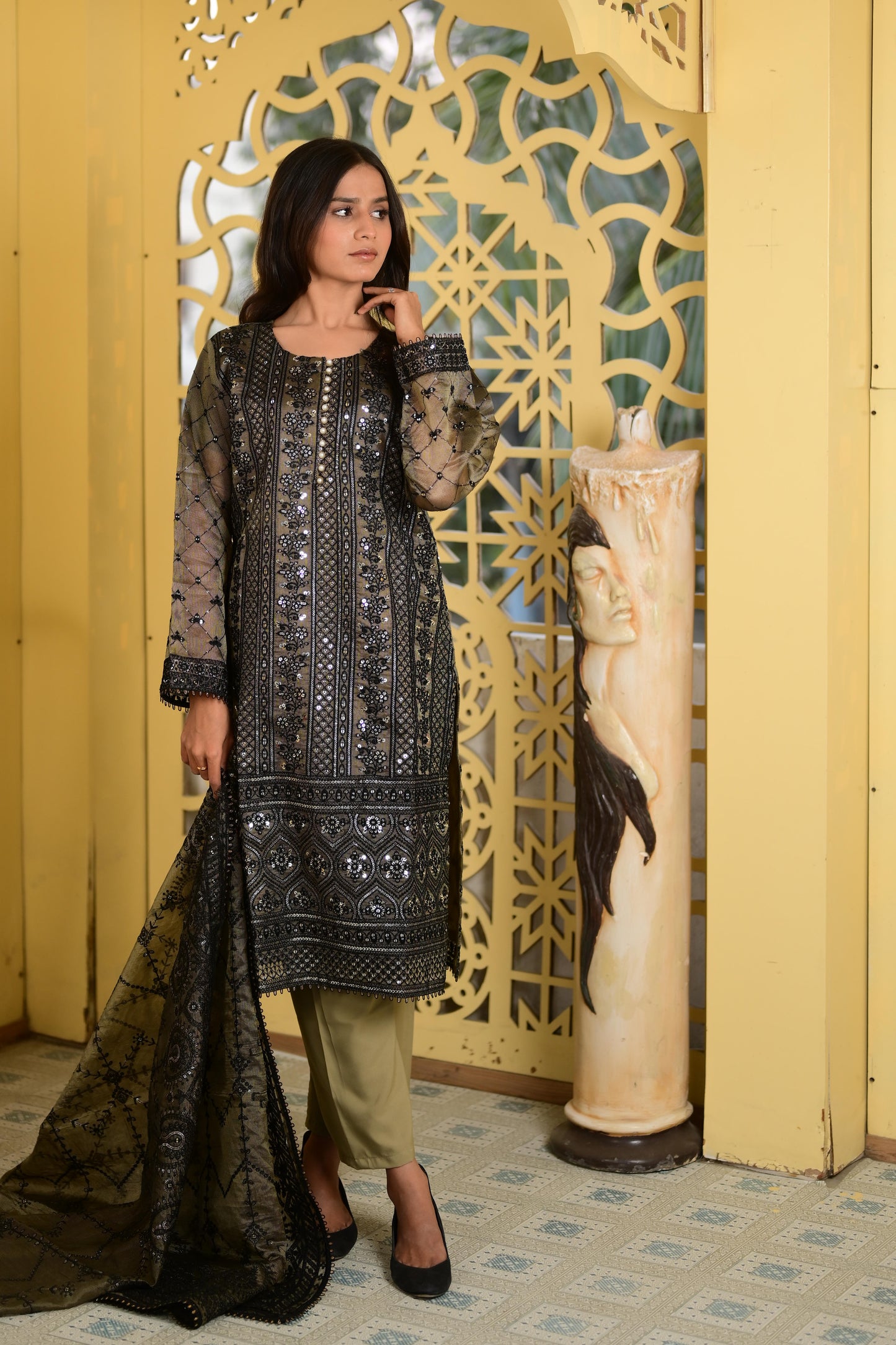 Intricately Embroidered Khaddi Net 3 Piece Ready to Wear D-01-MTL