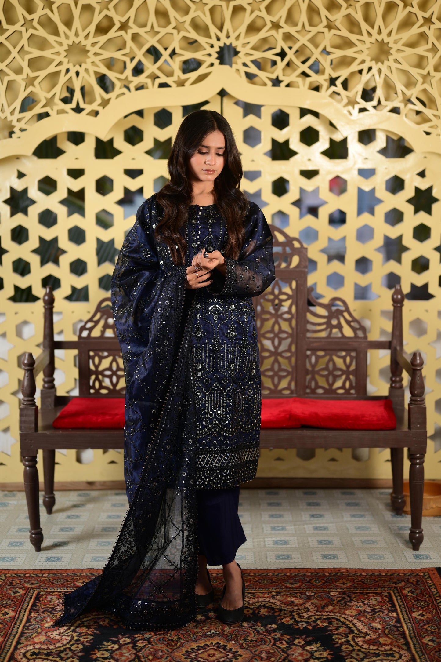 Intricately Embroidered Khaddi Net 3 Piece Ready to Wear D-13-NVY