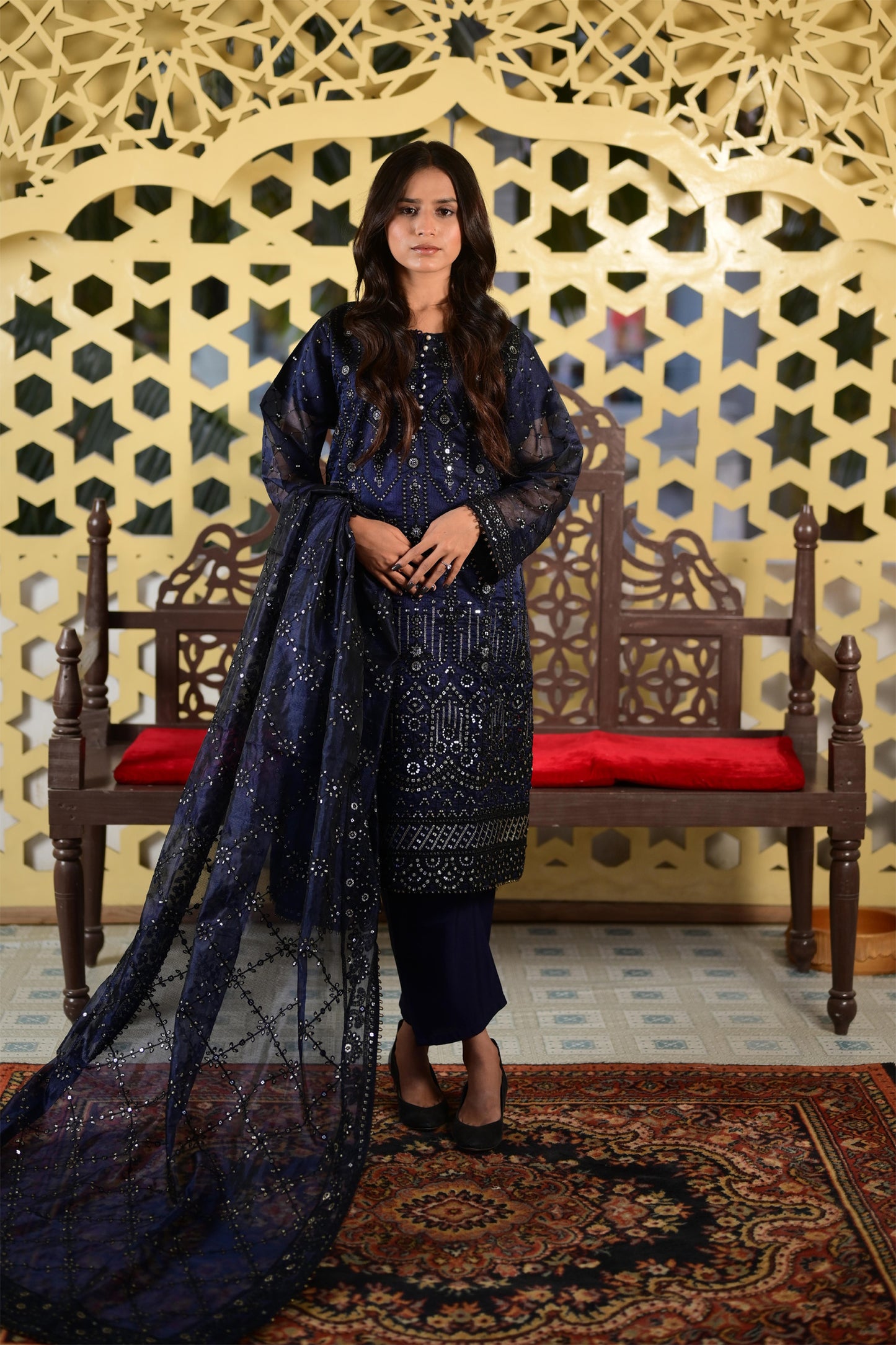 Intricately Embroidered Khaddi Net 3 Piece Ready to Wear D-13-NVY