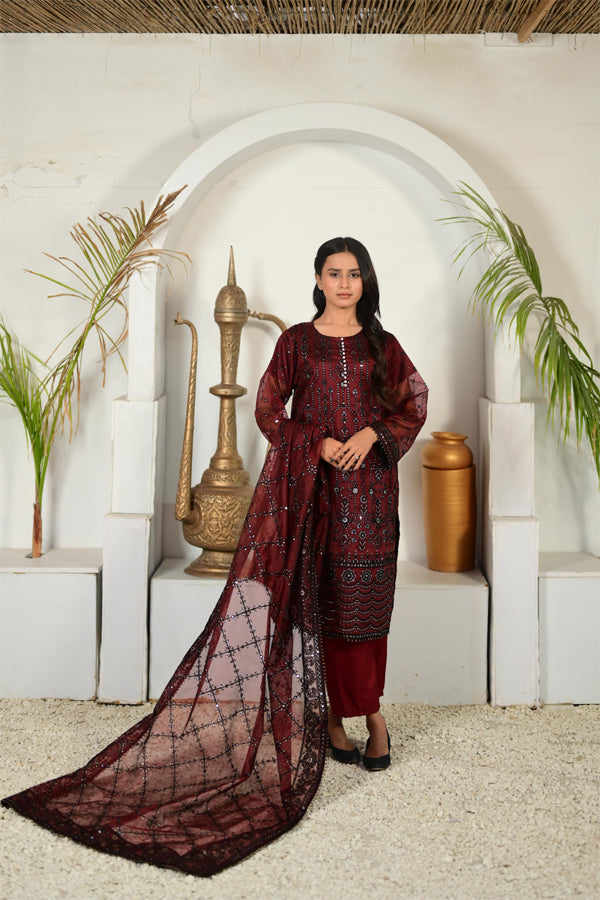 Intricately Embroidered Khaddi Net 3 Piece Ready to Wear D-15-MRN