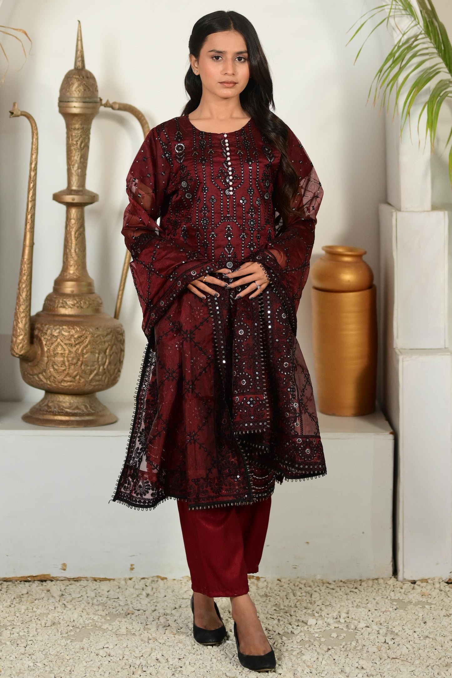 Intricately Embroidered Khaddi Net 3 Piece Ready to Wear D-15-MRN