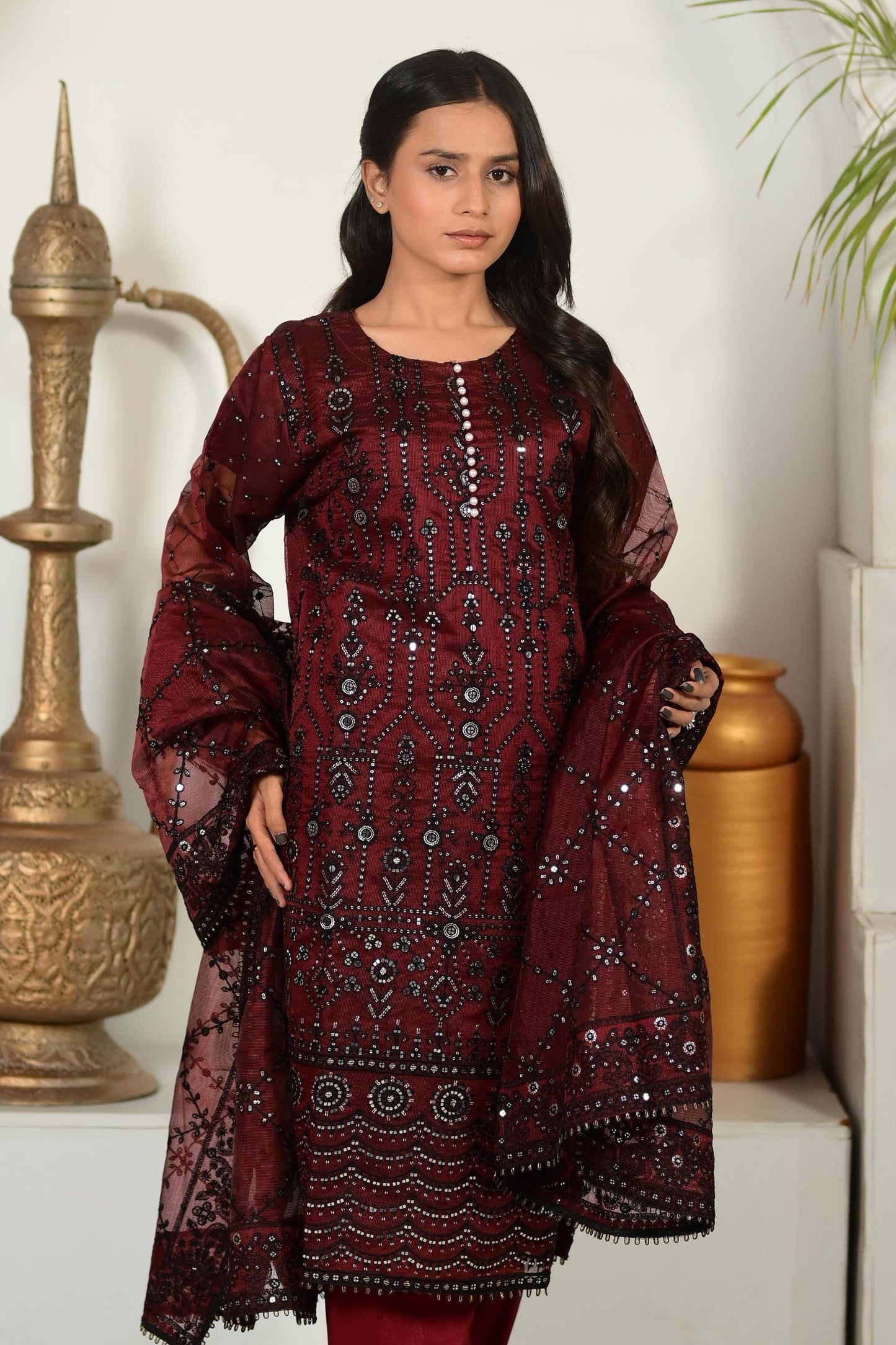 Intricately Embroidered Khaddi Net 3 Piece Ready to Wear D-15-MRN