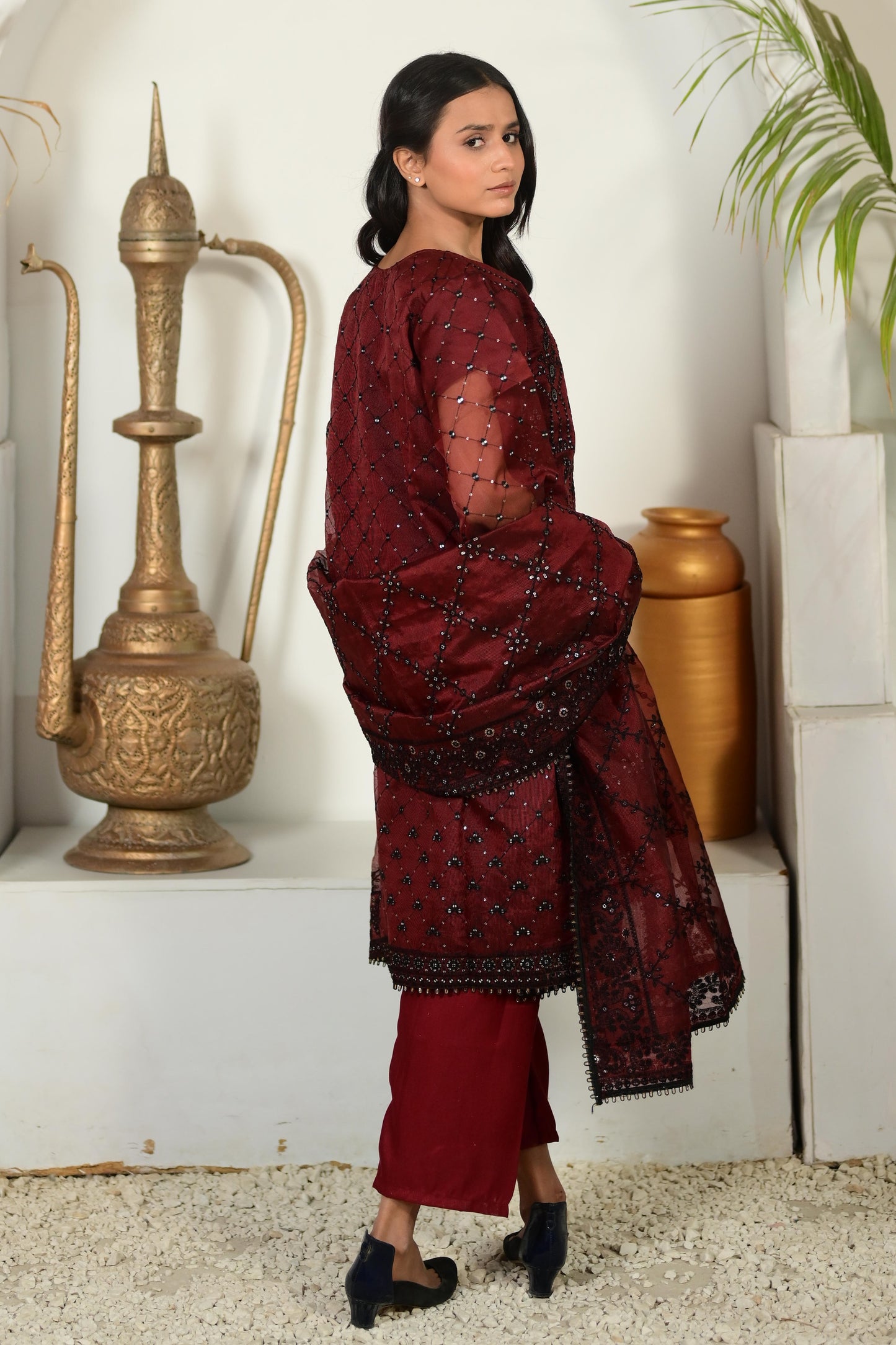 Intricately Embroidered Khaddi Net 3 Piece Ready to Wear D-15-MRN