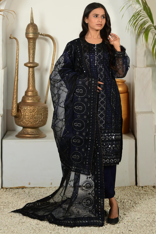 Intricately Embroidered Khaddi Net 3 Piece Ready to Wear D-03-NVY