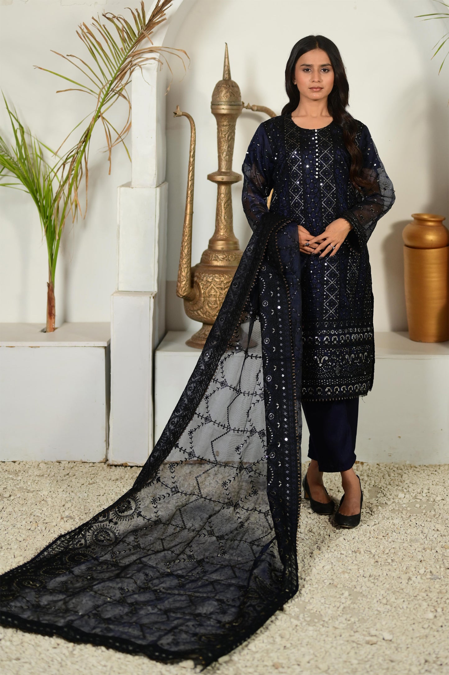 Intricately Embroidered Khaddi Net 3 Piece Ready to Wear D-03-NVY