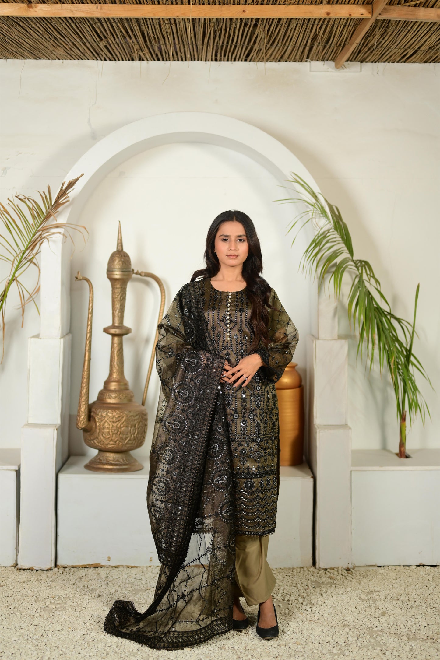 Intricately Embroidered Khaddi Net 3 Piece Ready to Wear D-15-MTL