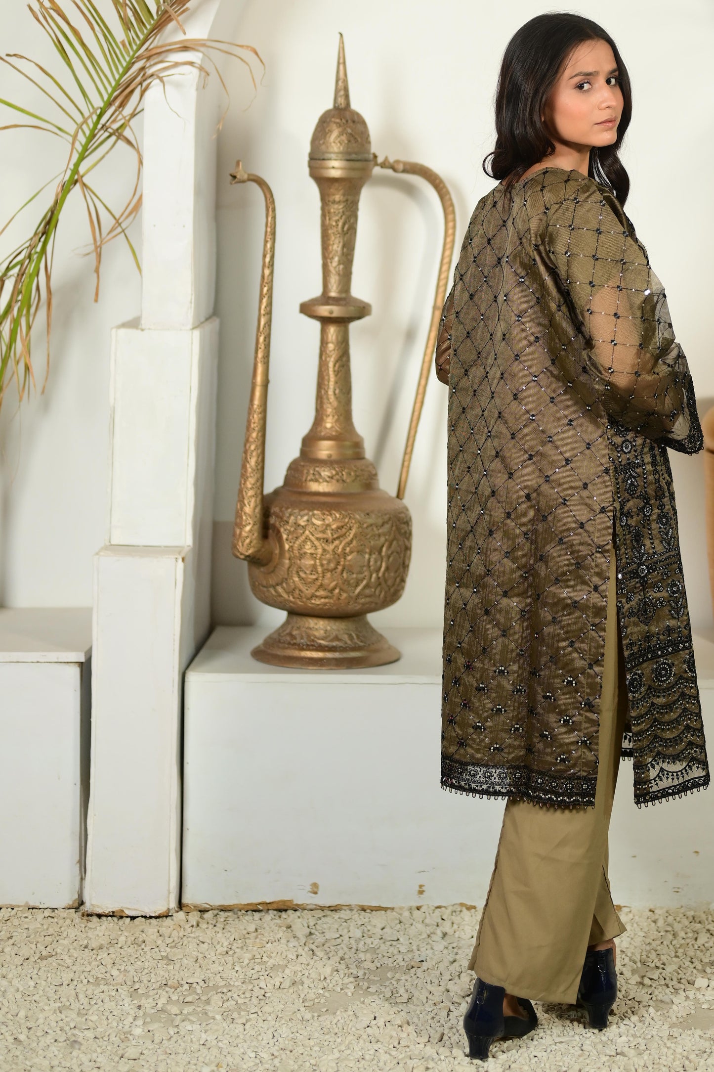 Intricately Embroidered Khaddi Net 3 Piece Ready to Wear D-15-MTL