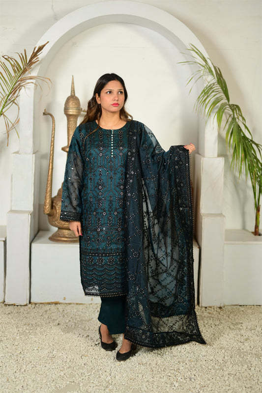 Intricately Embroidered Khaddi Net 3 Piece Ready to Wear D-15-CGRN