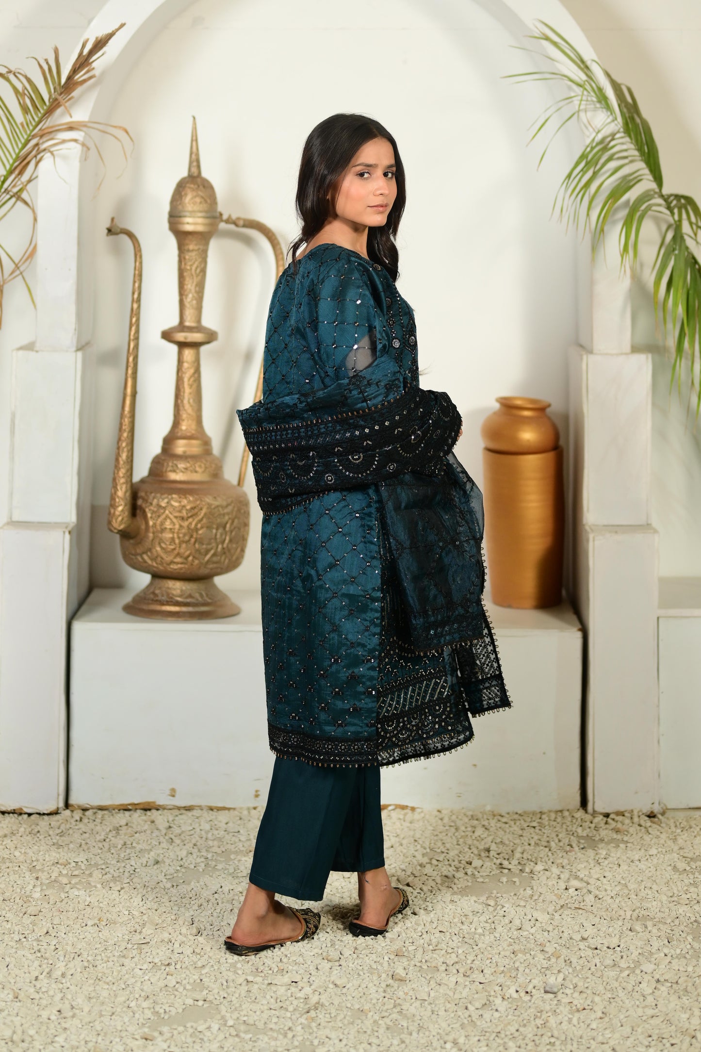 Intricately Embroidered Khaddi Net 3 Piece Ready to Wear D-13-CGRN