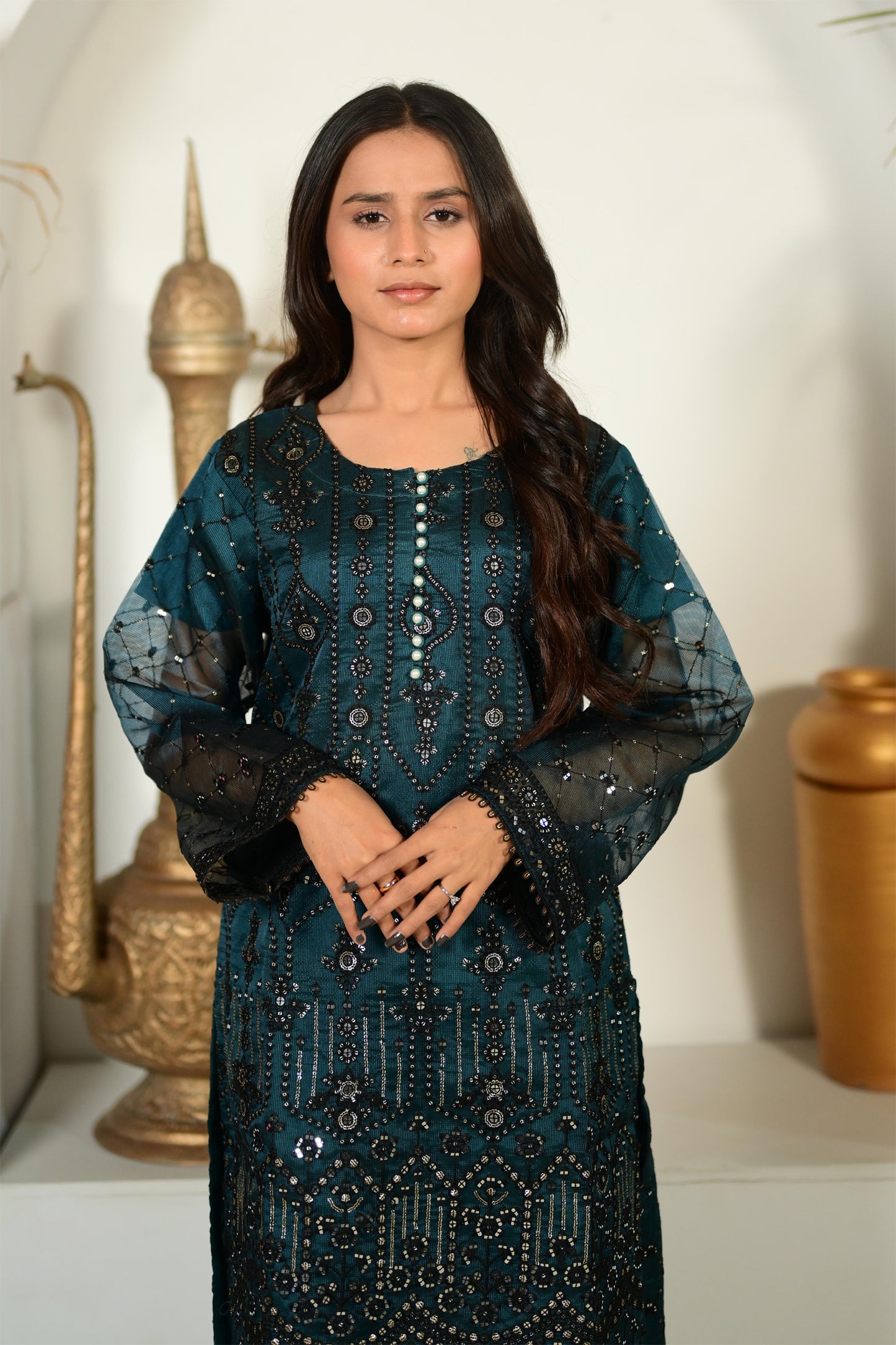 Intricately Embroidered Khaddi Net 3 Piece Ready to Wear D-13-CGRN