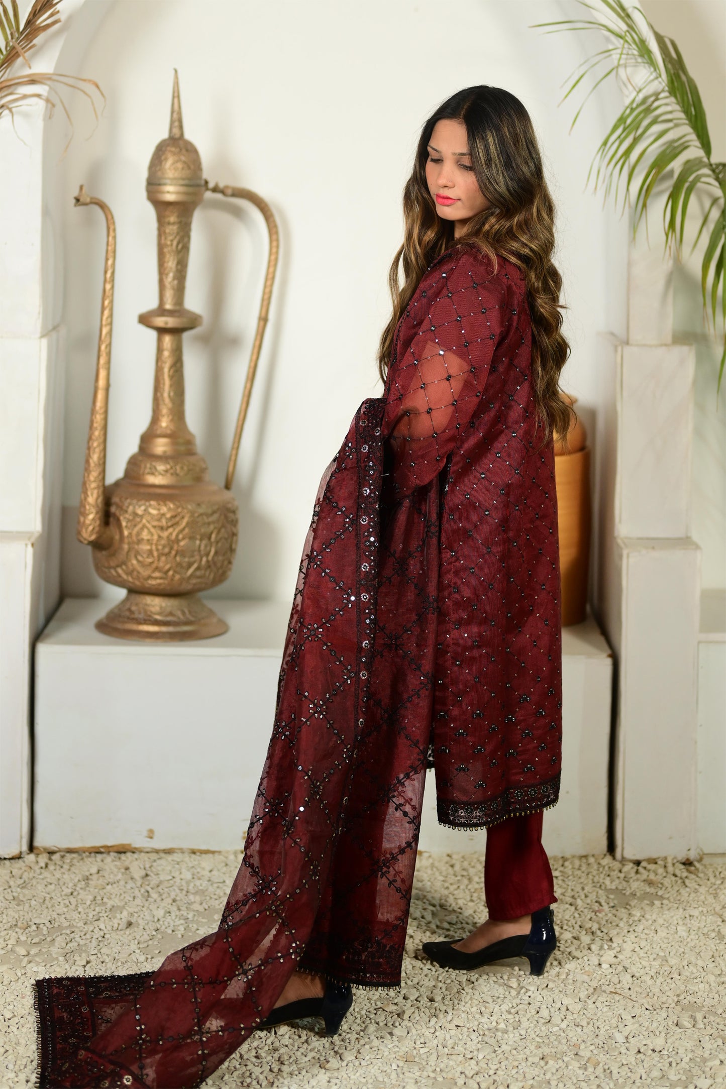 Intricately Embroidered Khaddi Net 3 Piece Ready to Wear D-13-MRN