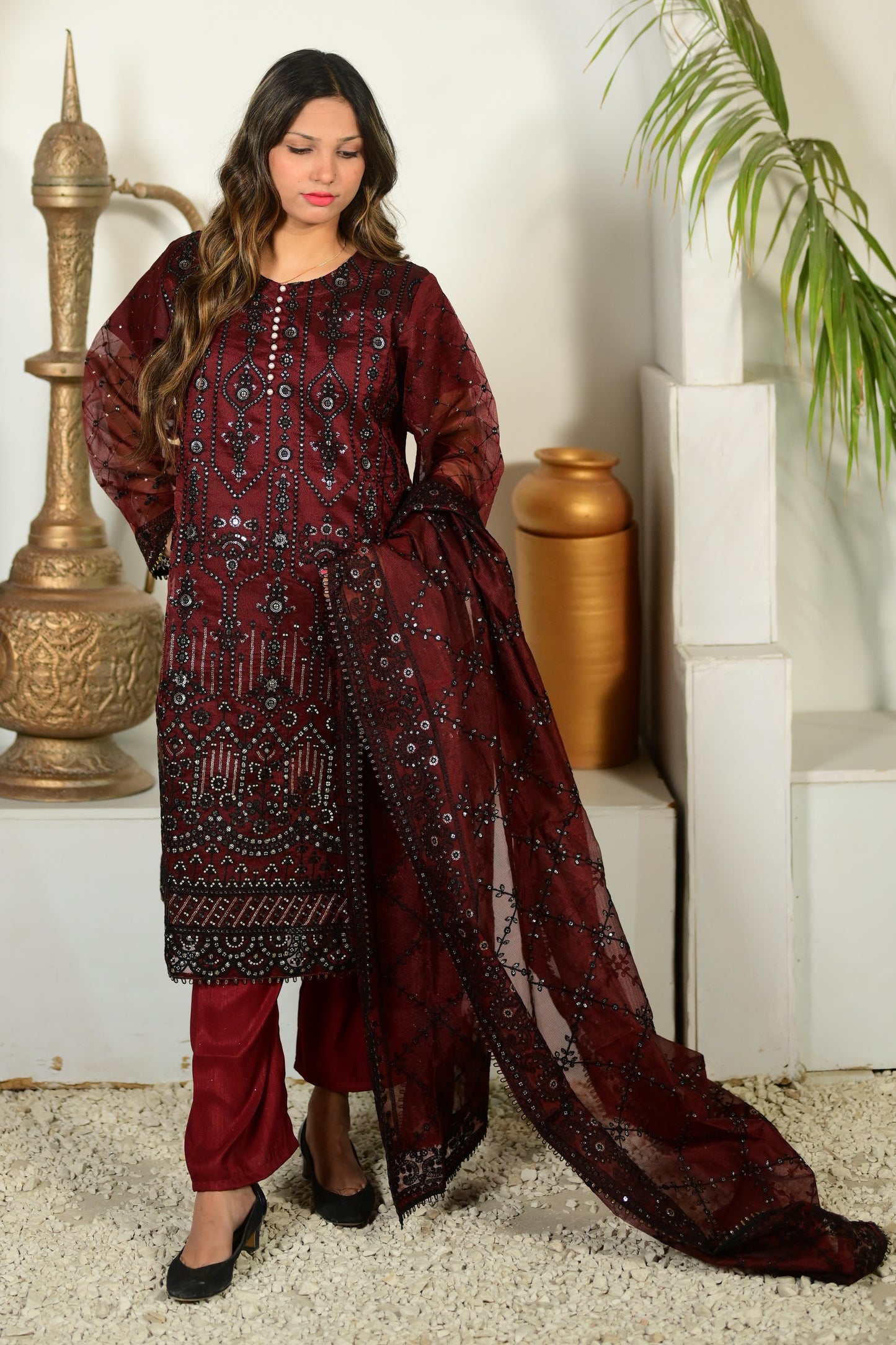 Intricately Embroidered Khaddi Net 3 Piece Ready to Wear D-13-MRN