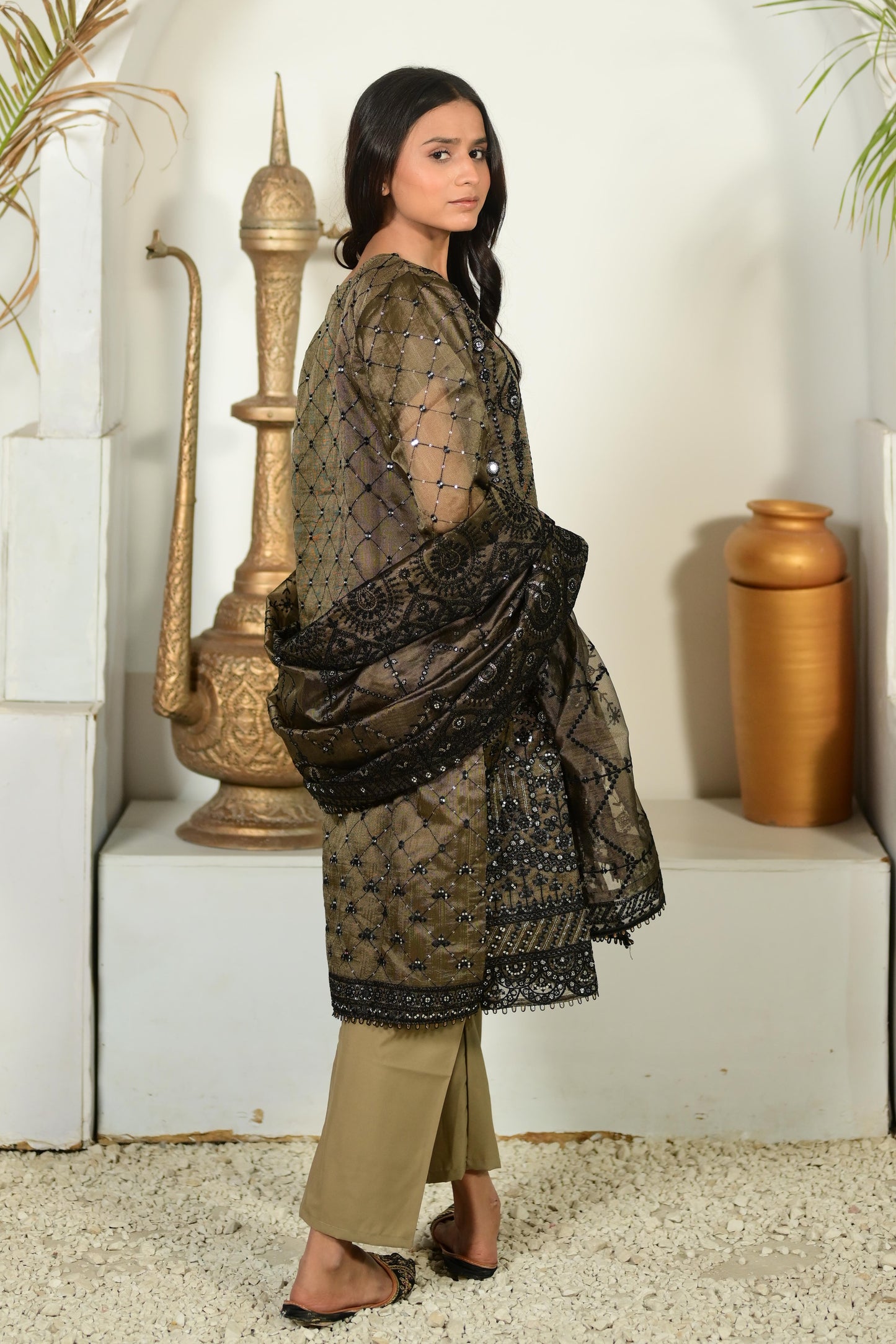 Intricately Embroidered Khaddi Net 3 Piece Ready to Wear D-13-MTL