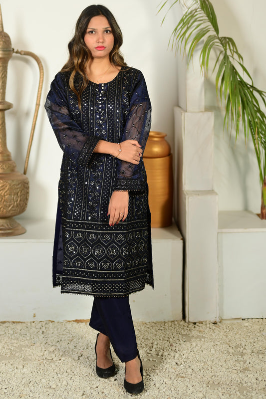 Intricately Embroidered Khaddi Net 3 Piece Ready to Wear D-01-NVY