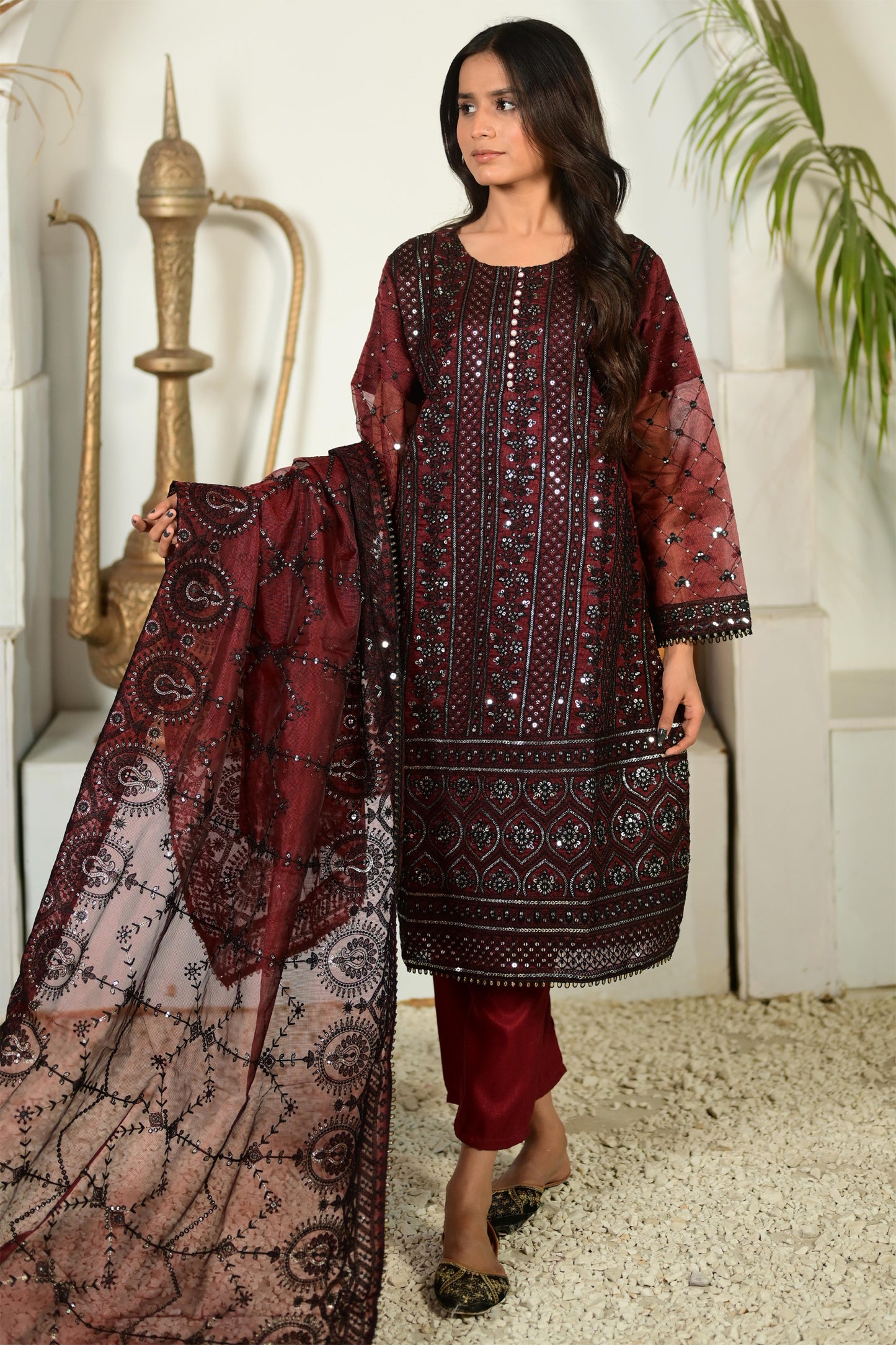 Intricately Embroidered Khaddi Net 3 Piece Ready to Wear D-01-MRN