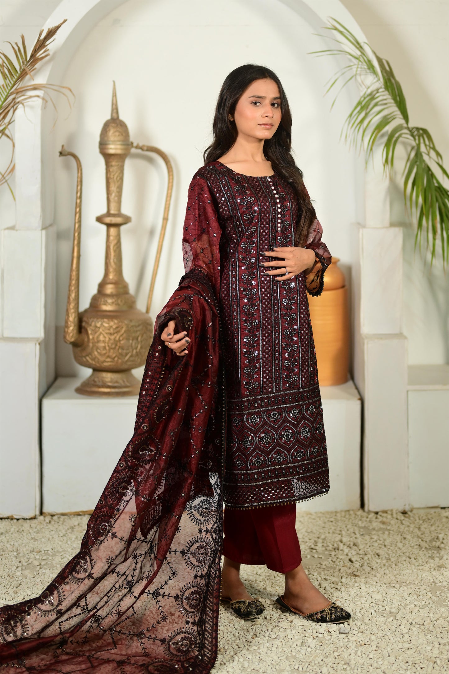 Intricately Embroidered Khaddi Net 3 Piece Ready to Wear D-01-MRN