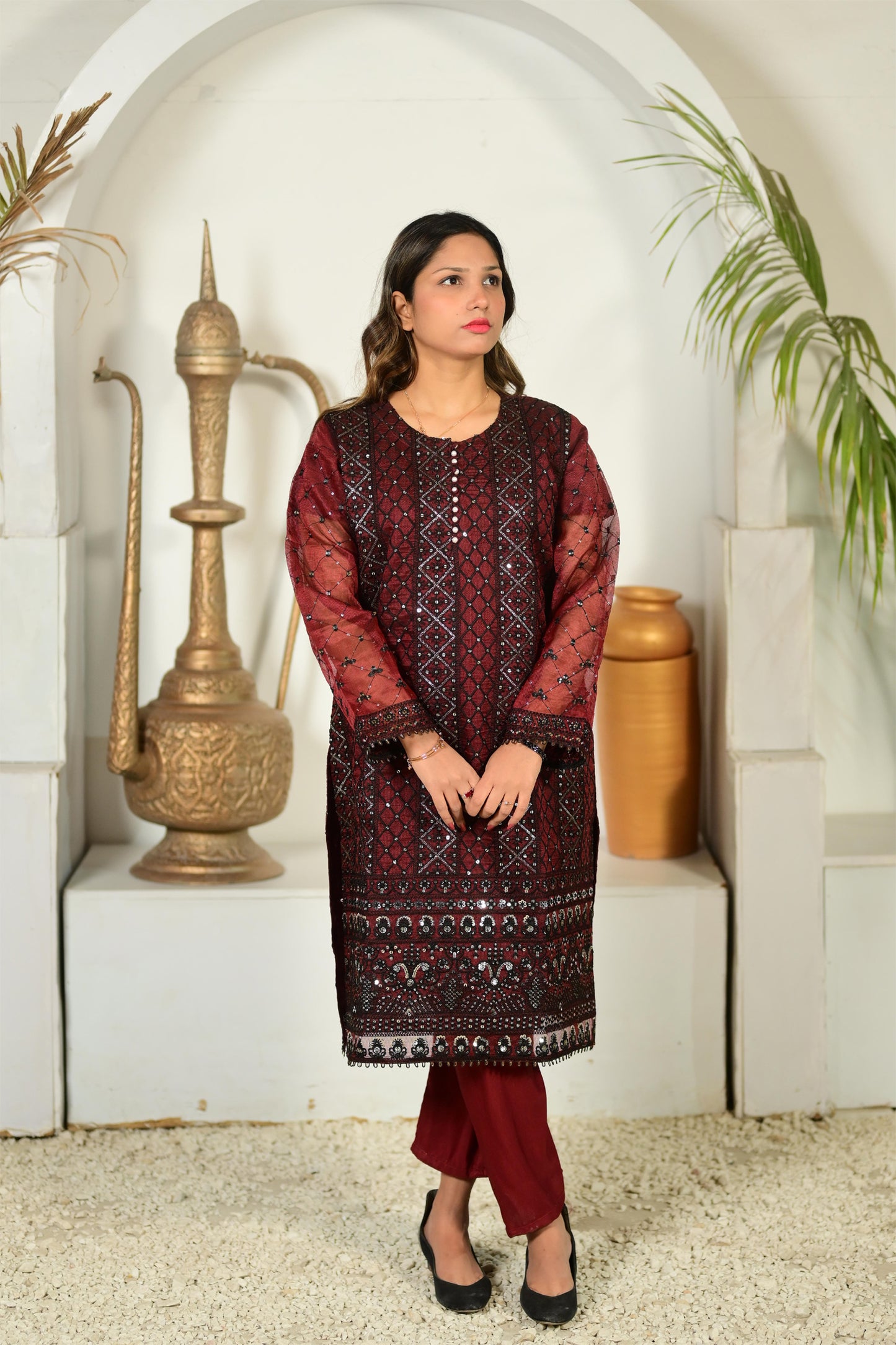 Intricately Embroidered Khaddi Net 3 Piece Ready to Wear D-03-MRN