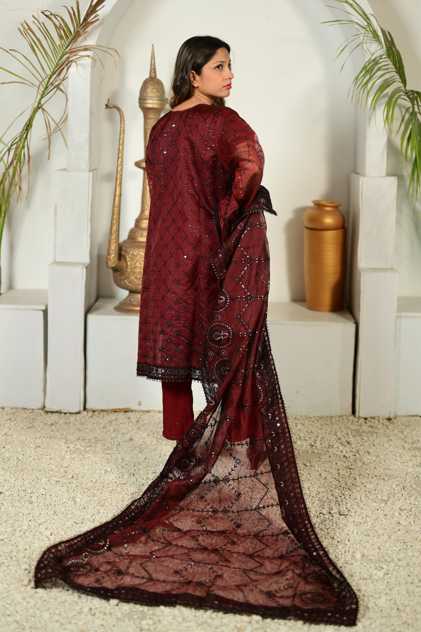 Intricately Embroidered Khaddi Net 3 Piece Ready to Wear D-03-MRN