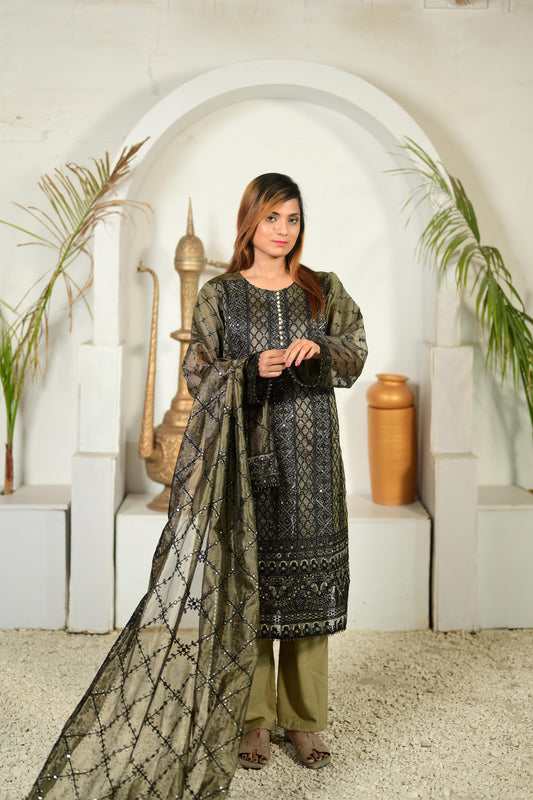 Intricately Embroidered Khaddi Net 3 Piece Ready to Wear D-03-MTL