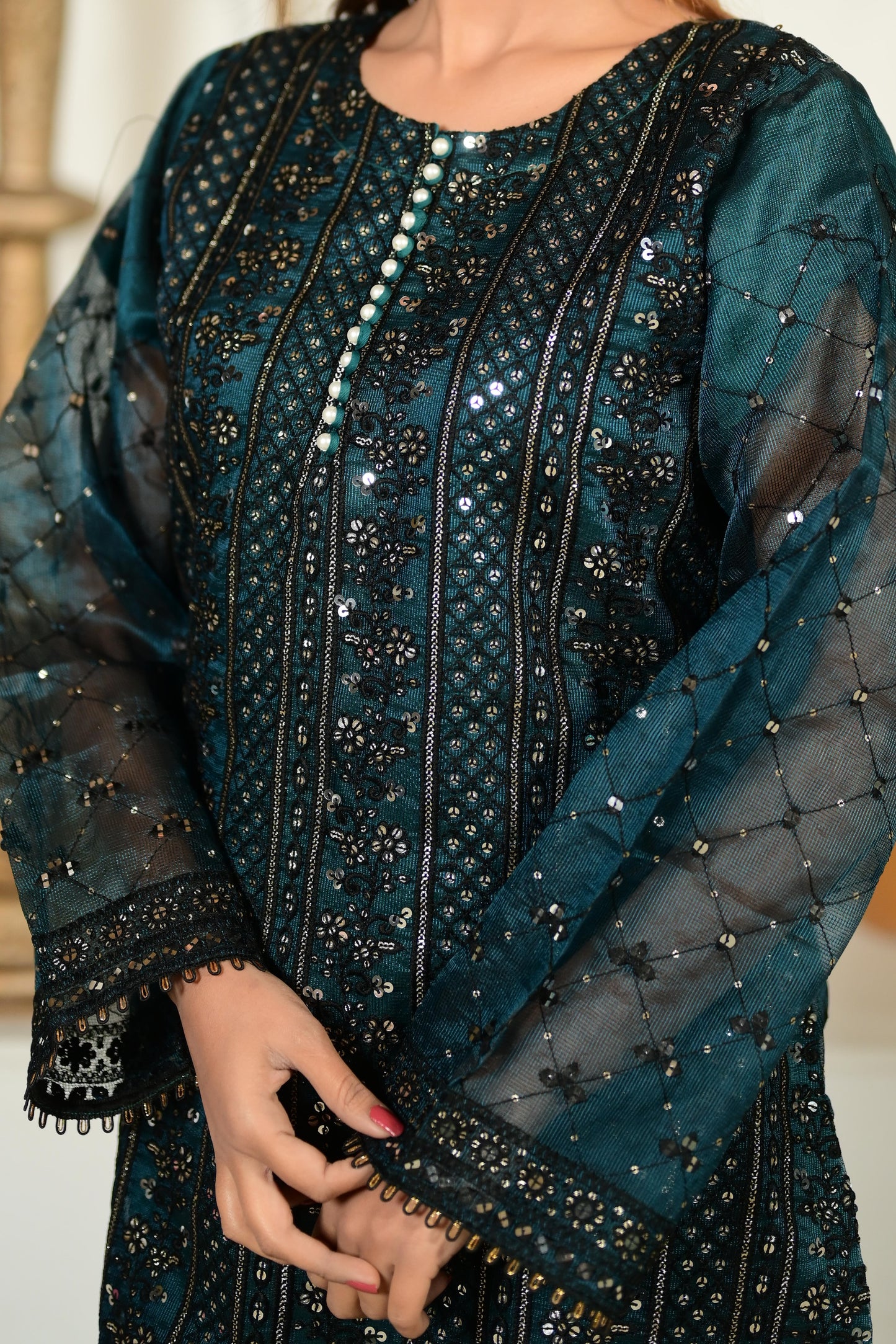 Intricately Embroidered Khaddi Net 3 Piece Ready to Wear D-01-CGRN