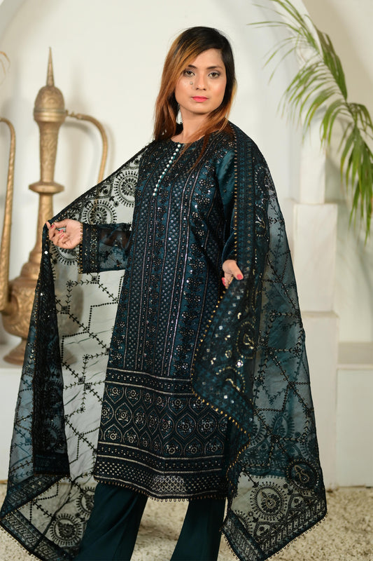 Intricately Embroidered Khaddi Net 3 Piece Ready to Wear D-01-CGRN