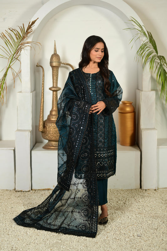 Intricately Embroidered Khaddi Net 3 Piece Ready to Wear D-03-CGRN